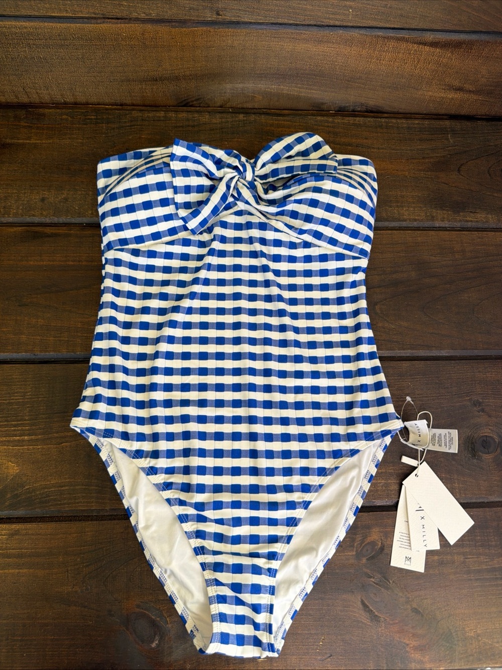 NEW Milly Jacquard Cottage Bow Blue & White One Piece Swimsuit Women Size L